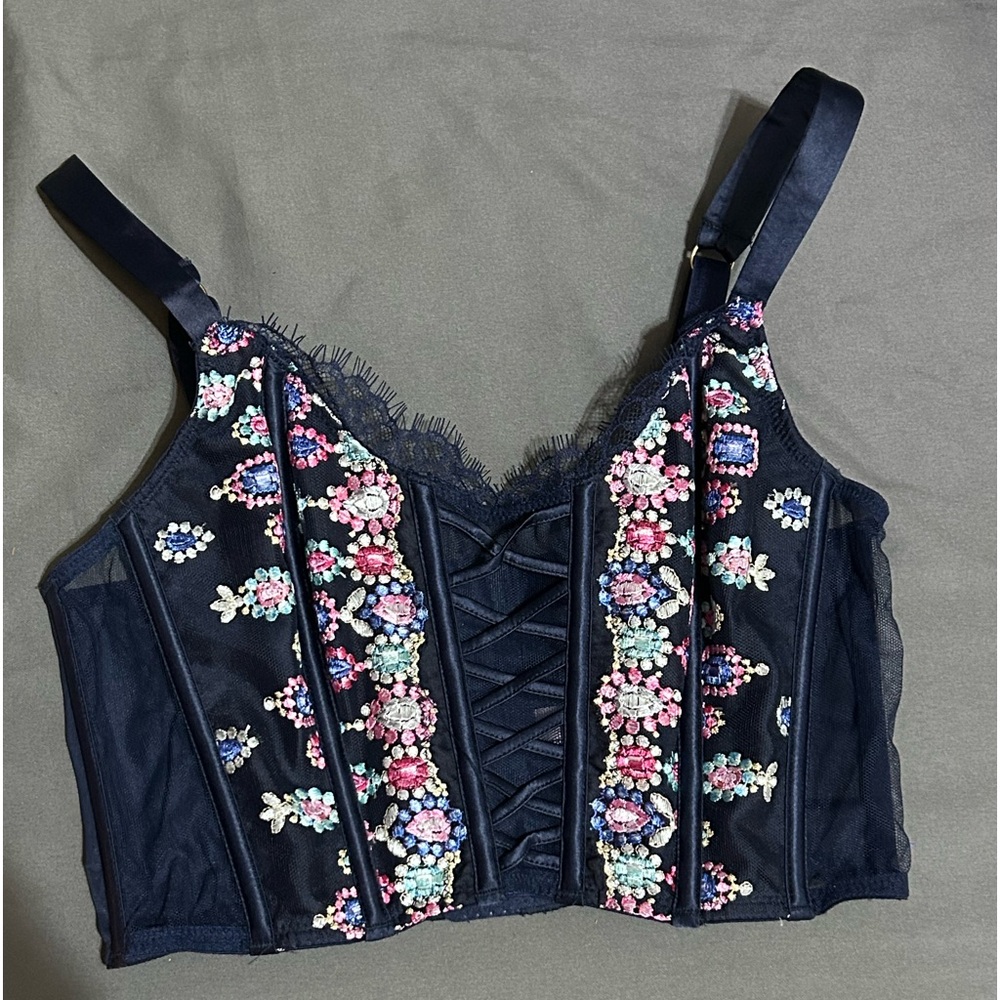 Victoria's Secret Dream Angels Corset Top S Navy Blue Floral Lace-Up Bac…